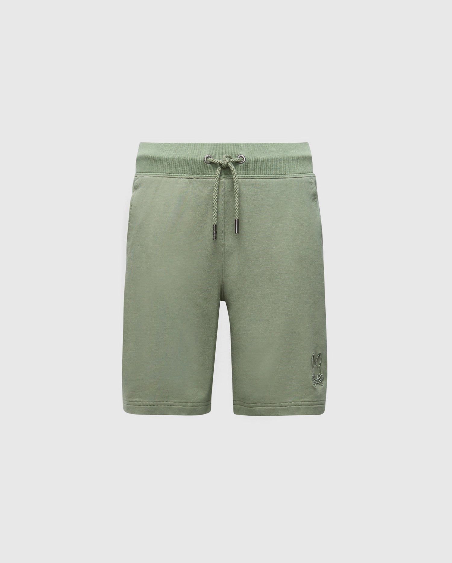The KIDS LEVANZO FRENCH TERRY SWEATSHORT by Psycho Bunny features a drawstring waist and a small embroidered design on the lower left. Made from stretch cotton jersey, these green shorts offer soft comfort perfect for casual wear against a plain white background.