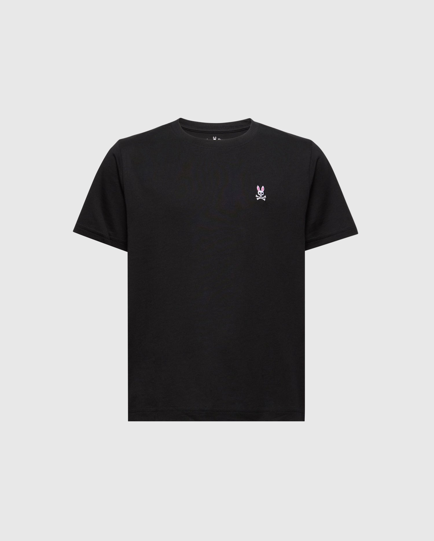 Psycho Bunny's KIDS CLASSIC CREW NECK TEE (B0U014CRPC) features a classic black design made from 100% Pima cotton, with a minimal graphic logo on the left chest. This shirt boasts a round neckline and short sleeves, ideal for back-to-school outfits against a plain white background.