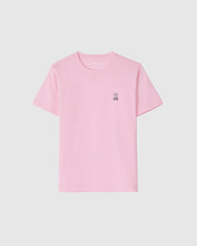 The Psycho Bunny KIDS CLASSIC CREW NECK TEE (B0U014CRPC) showcases a delightful light pink design, complemented by a small embroidered bunny logo on the left chest. Crafted from 100% Pima cotton, this tee is an excellent choice for back-to-school outfits, featuring short sleeves and a straightforward design set against a plain white backdrop.