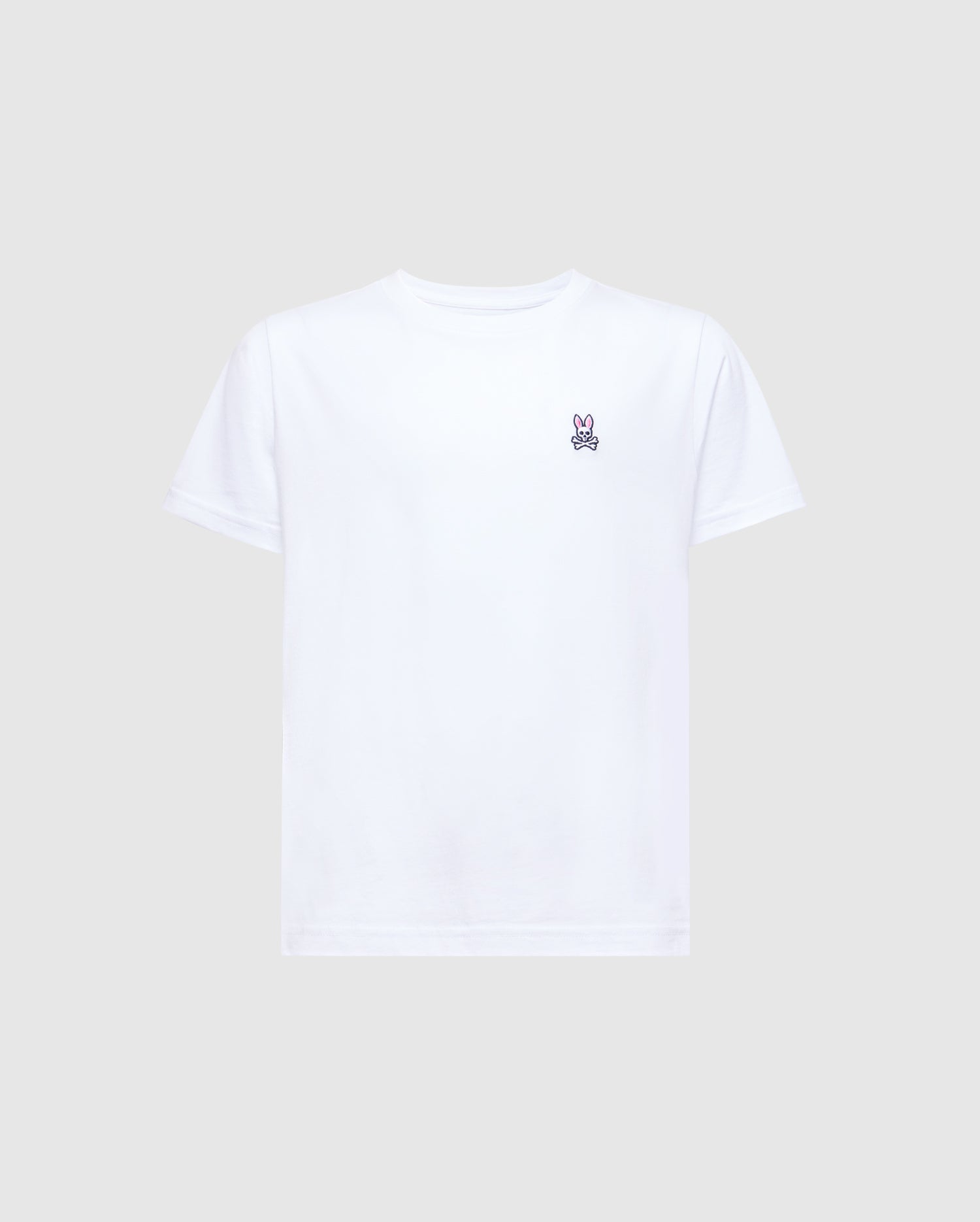 The KIDS CLASSIC CREW NECK TEE - B0U014CRPC by Psycho Bunny is a white tee crafted from 100% Pima cotton, adorned with a small embroidered bunny logo on the left chest, set against a plain gray background—ideal for kids' back-to-school outfits.