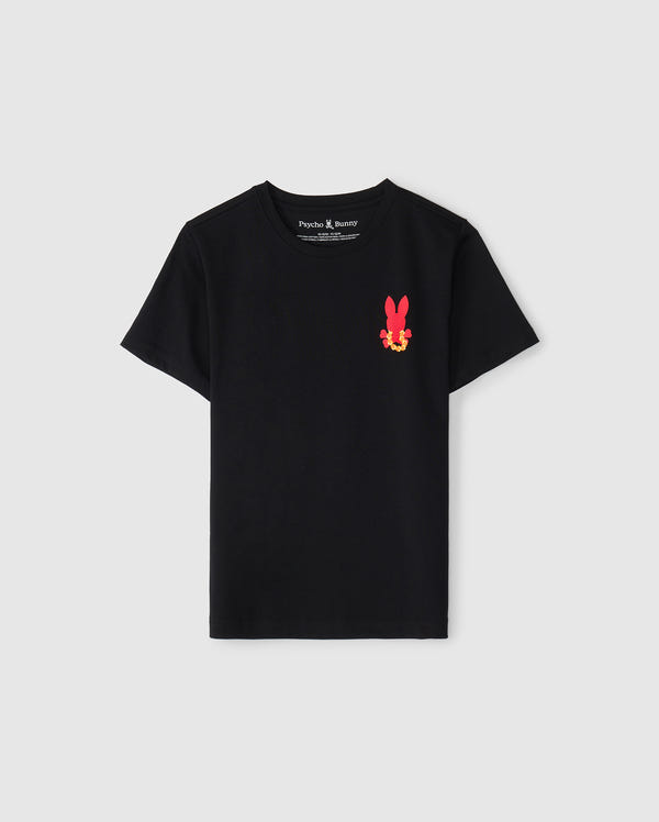 The KIDS HAWAII CITY TEE - B0U169Y1PC by Psycho Bunny is a black tee made from soft Pima cotton, featuring a small red and yellow stylized bunny face graphic with folded ears on the left chest, set against a light gray background.