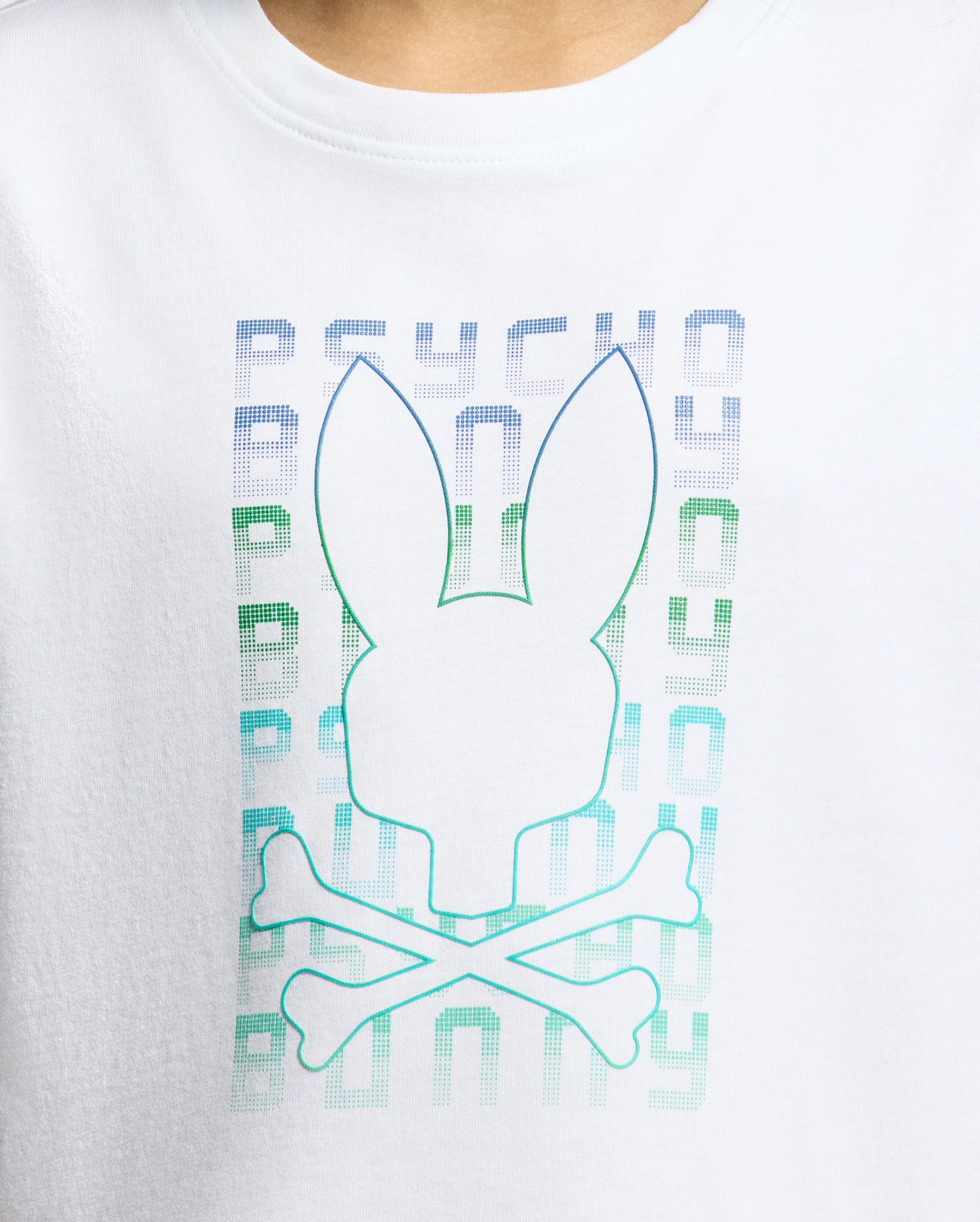 The KIDS CORTES GRAPHIC TEE - B0U328E200 by Psycho Bunny is a 100% cotton masterpiece. It showcases a bunny head outline with crossed bones and the vertically repeated word "PSYCHO" over a vivid blue-to-green gradient background, making it an ideal addition to any trendy wardrobe.