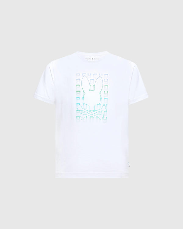 The Psycho Bunny KIDS CORTES GRAPHIC TEE - B0U328E200 is a trendy option for children, showcasing a stylized bunny head with elongated ears and crossbones beneath, all printed in a gradient from light blue to light green on the front. Made entirely from 100% cotton, it offers supreme comfort.