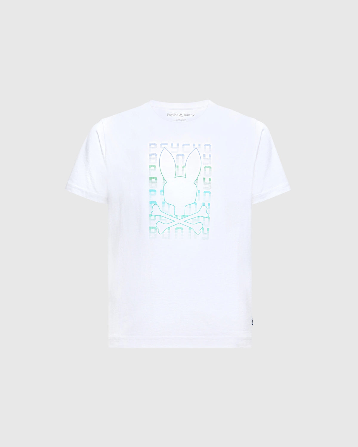 The Psycho Bunny KIDS CORTES GRAPHIC TEE - B0U328E200 is a trendy option for children, showcasing a stylized bunny head with elongated ears and crossbones beneath, all printed in a gradient from light blue to light green on the front. Made entirely from 100% cotton, it offers supreme comfort.