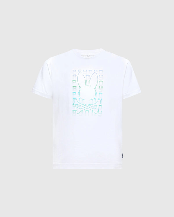 The Psycho Bunny KIDS CORTES GRAPHIC TEE - B0U328E200 is a trendy option for children, showcasing a stylized bunny head with elongated ears and crossbones beneath, all printed in a gradient from light blue to light green on the front. Made entirely from 100% cotton, it offers supreme comfort.