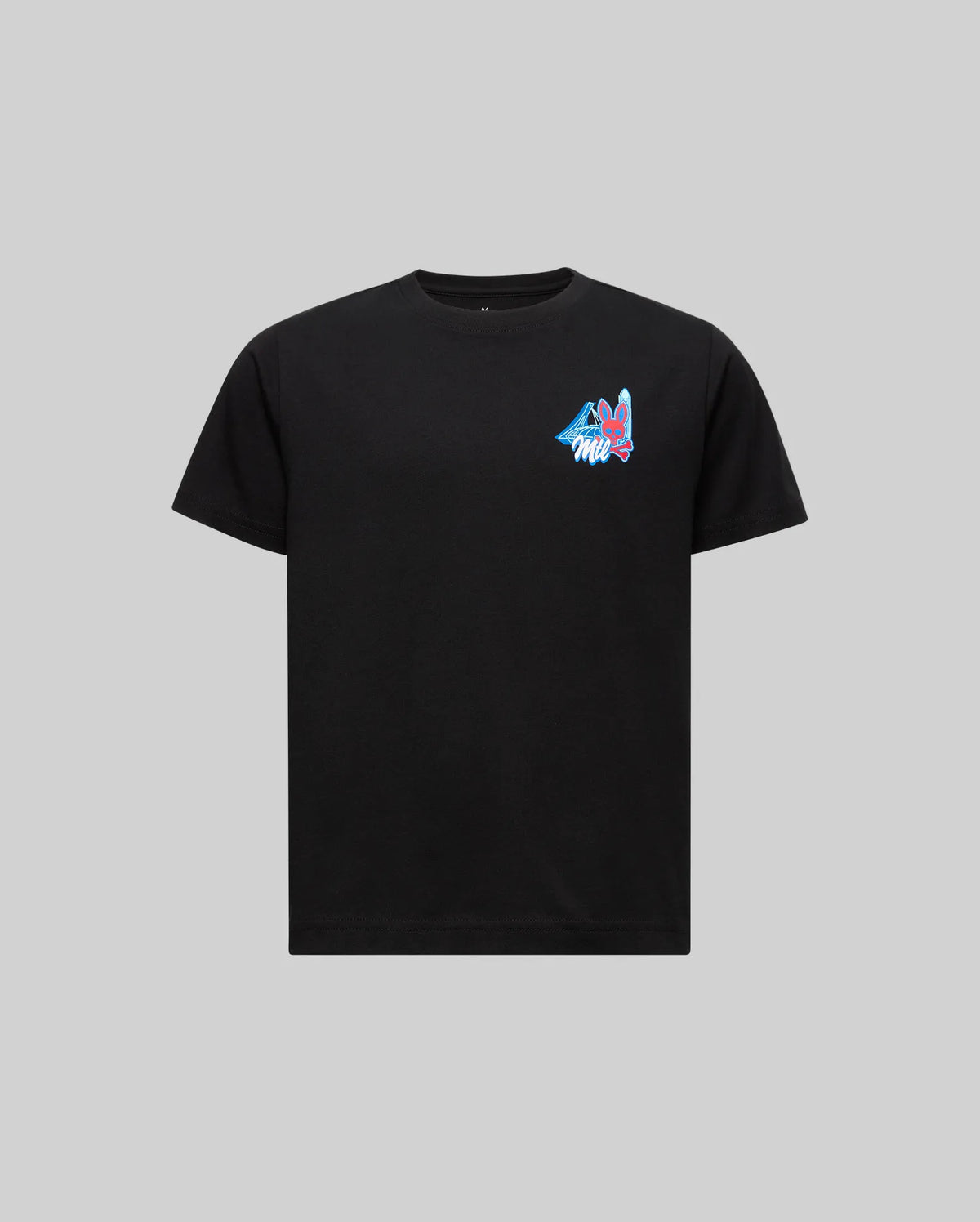 The KIDS MONTREAL TEE - B0U381F200 by Psycho Bunny is a black, short-sleeve Pima cotton shirt with a colorful Psycho Bunny logo on the left chest, shown against a plain gray background.
