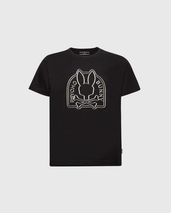 The KIDS MELBOURNE GRAPHIC TEE by Psycho Bunny (B0U410F200) is crafted from soft Pima cotton and features a bold white bunny skull and crossbones graphic with "PSYCHO BUNNY" text on the front.