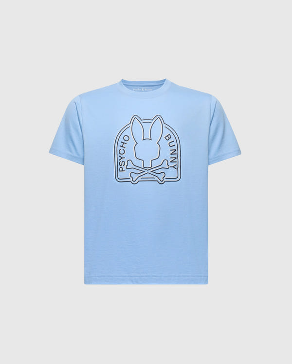 The KIDS MELBOURNE GRAPHIC TEE (B0U410F200) by Psycho Bunny is light blue and made from eco-friendly Peruvian Pima cotton. It features a stylized bunny head with crossbones, encircled by the words "Psycho Bunny.