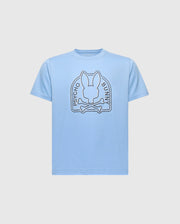 The KIDS MELBOURNE GRAPHIC TEE (B0U410F200) by Psycho Bunny is light blue and made from eco-friendly Peruvian Pima cotton. It features a stylized bunny head with crossbones, encircled by the words "Psycho Bunny.