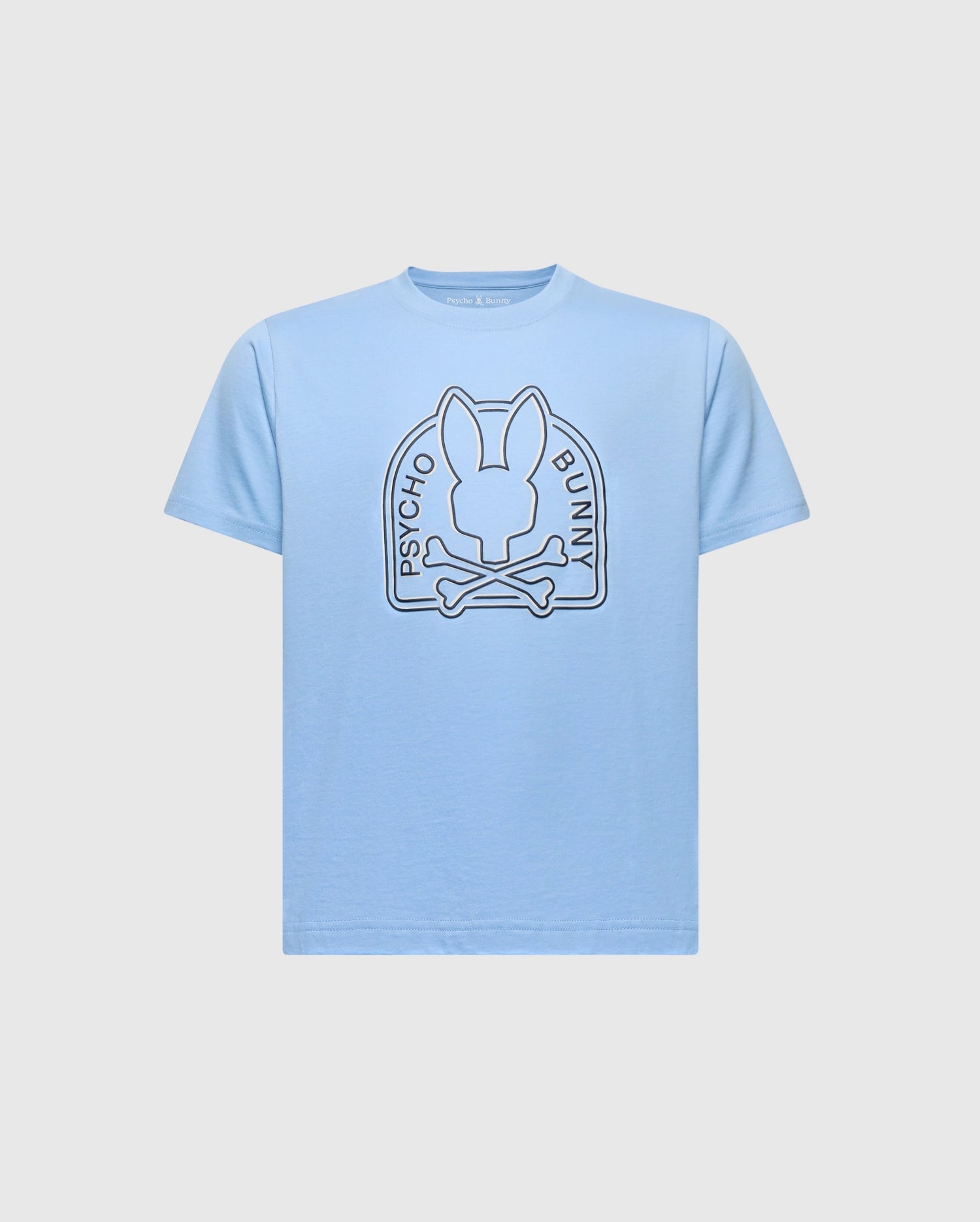 The KIDS MELBOURNE GRAPHIC TEE (B0U410F200) by Psycho Bunny is light blue and made from eco-friendly Peruvian Pima cotton. It features a stylized bunny head with crossbones, encircled by the words "Psycho Bunny.