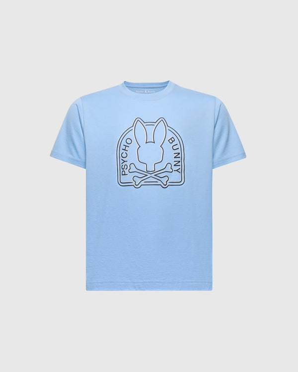 The KIDS MELBOURNE GRAPHIC TEE (B0U410F200) by Psycho Bunny is light blue and made from eco-friendly Peruvian Pima cotton. It features a stylized bunny head with crossbones, encircled by the words "Psycho Bunny.