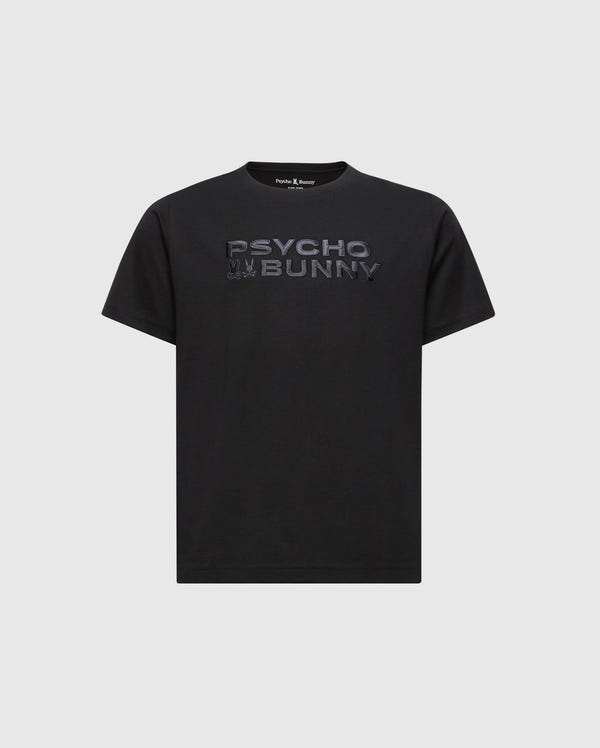 The KIDS BERNI EMBROIDERED WORDMARK GRAPHIC TEE (B0U417F200) by Psycho Bunny is a black Pima cotton tee with "Psycho Bunny" text in dark reflective material on the front. It's made in Peru and features a simple crew neck with an embroidered graphic design against a plain background.
