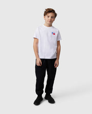 Against a plain white background, a boy wears the KIDS TEXAS CITY TEE - B0U553B2PC by Psycho Bunny, crafted from luxurious Peruvian Pima cotton. Black cargo pants and matching shoes enhance the vibrant graphic design on his chest.