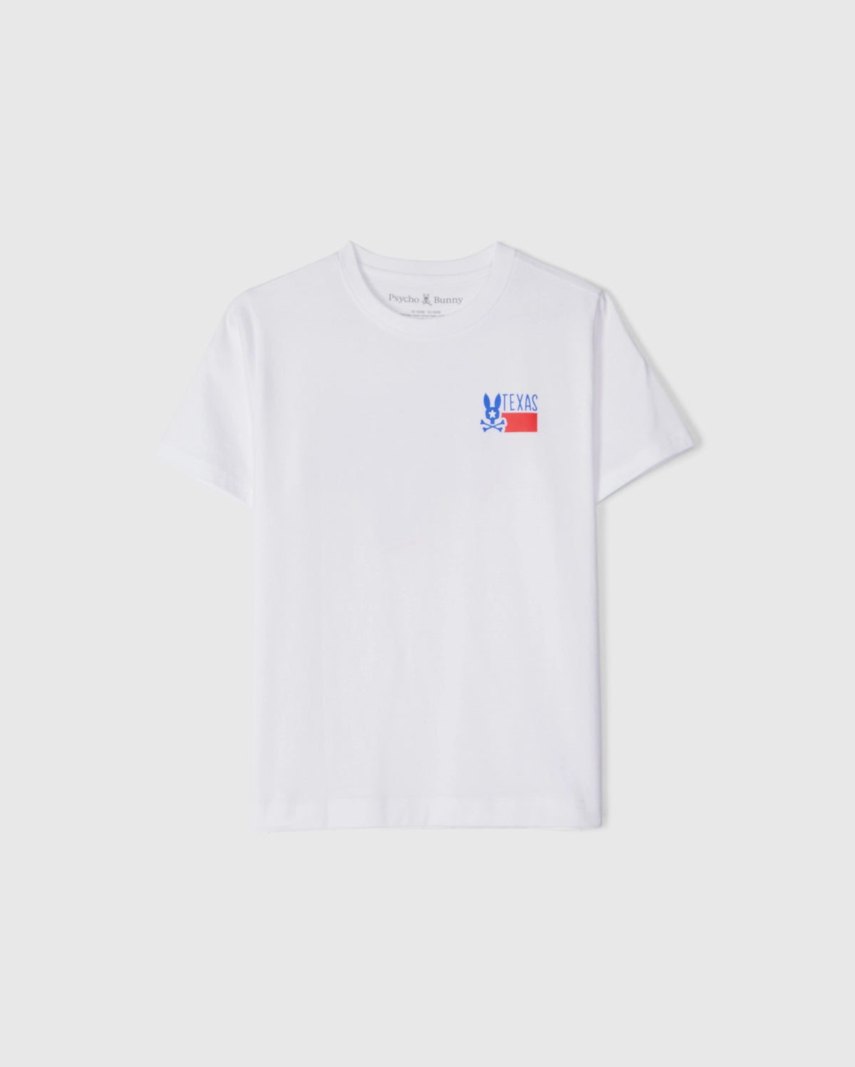 The KIDS TEXAS CITY TEE by Psycho Bunny, model B0U553B2PC, is a white tee made from soft Peruvian Pima cotton. It features a vibrant blue bunny graphic and "TEXAS" in blue and red on the left chest, with short sleeves and a round neckline, ideal for Texas city style fans.