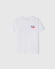 The KIDS TEXAS CITY TEE by Psycho Bunny, model B0U553B2PC, is a white tee made from soft Peruvian Pima cotton. It features a vibrant blue bunny graphic and "TEXAS" in blue and red on the left chest, with short sleeves and a round neckline, ideal for Texas city style fans.