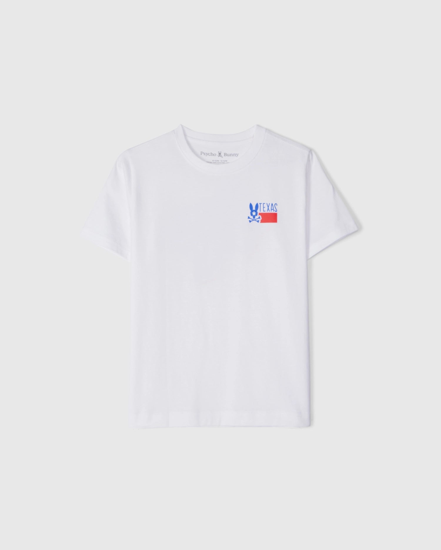 The KIDS TEXAS CITY TEE by Psycho Bunny, model B0U553B2PC, is a white tee made from soft Peruvian Pima cotton. It features a vibrant blue bunny graphic and "TEXAS" in blue and red on the left chest, with short sleeves and a round neckline, ideal for Texas city style fans.