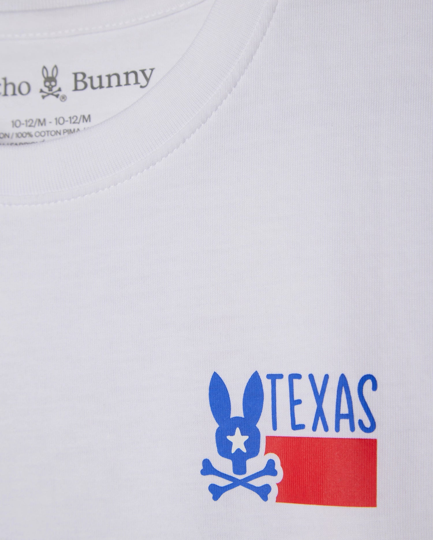 The KIDS TEXAS CITY TEE - B0U553B2PC by Psycho Bunny is made from soft Peruvian Pima cotton. It boasts a blue bunny logo with a star eye above crossbones, the word "TEXAS," and a simplified red flag design, combining style and comfort in every detail.