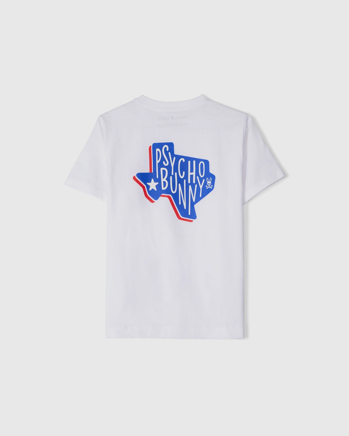 Discover the KIDS TEXAS CITY TEE - B0U553B2PC by Psycho Bunny, a white tee crafted from premium Peruvian Pima cotton. It features a vibrant Texas graphic with "Psycho Bunny" text in blue and red, complemented by a small bunny logo.