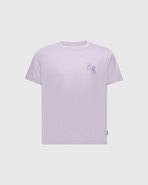 The KIDS ELLIOT FRONT BACK GRAPHIC TEE - B0U605F200 by Psycho Bunny is a lavender Pima cotton T-shirt with a water-based print of two striped rabbits on the upper left chest, set against plain white.