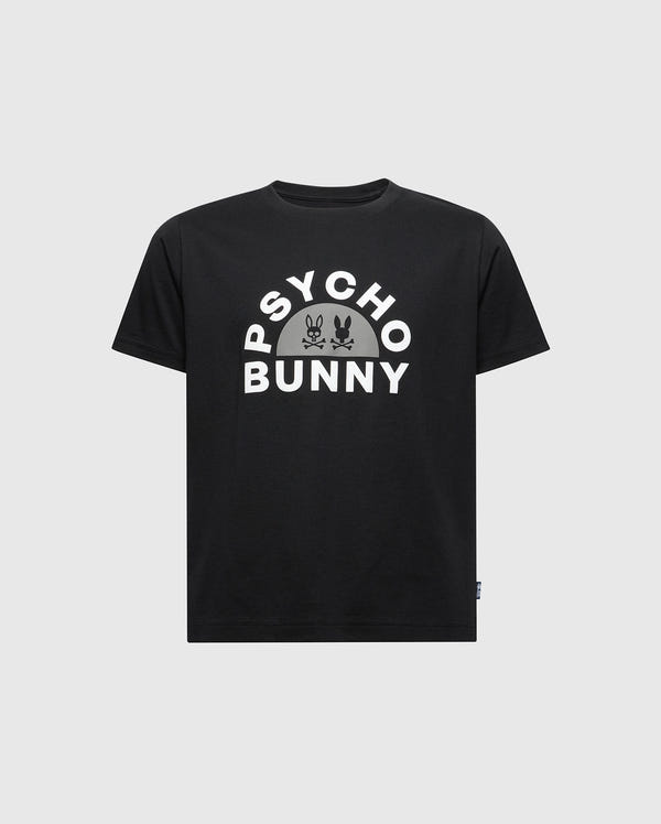Experience superior comfort with the KIDS GOLDIE GRAPHIC TEE - B0U606F200 by Psycho Bunny, crafted from soft Peruvian Pima cotton. This black tee showcases "Psycho Bunny" in white, stylishly arched over a bunny graphic with edgy skull details.