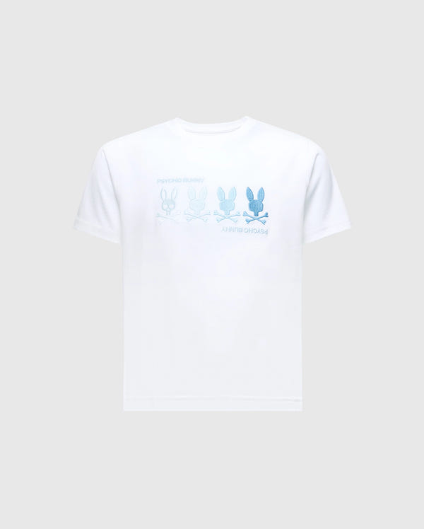 The KIDS OCEANIA EMBROIDERED GRAPHIC TEE by Psycho Bunny features a luxurious white Oceania Pima Cotton design with four gradient blue bunnies and matching "Psycho Bunny" text above and below, radiating subtle retro vibes.