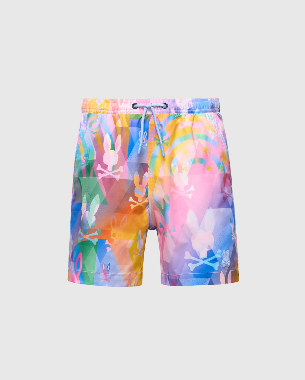 Psycho Bunny's KIDS MILOS PRINTED SWIM TRUNK (B0W446F200) features a lively vacation style with rainbow cartoon characters and shapes. Made from quick-dry fabric, these trunks include abstract designs and an adjustable drawstring waistband for added comfort.