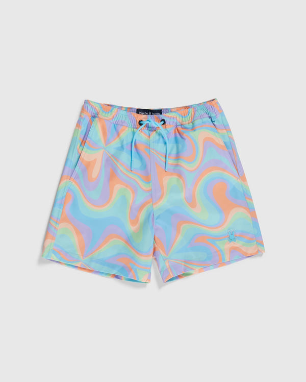 Men's swim shorts with a colorful, psychedelic swirl pattern featuring shades of blue, pink, orange, and green. The quick-drying shorts have an elastic waistband with a drawstring, pockets, and a small logo on the lower left leg. These are the KIDS BLOOMINGTON SWIM TRUNK - B0W941A2PO by Psycho Bunny.