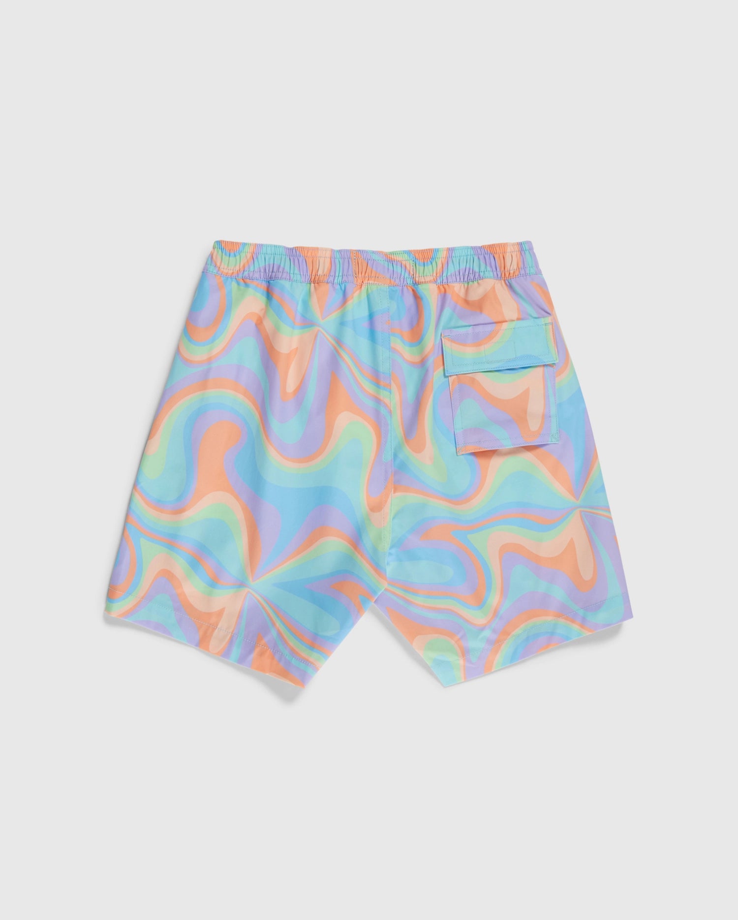 A pair of colorful KIDS BLOOMINGTON SWIM TRUNK - B0W941A2PO featuring a vibrant, abstract swirl pattern in shades of blue, orange, green, and purple. The quick-drying shorts have an elastic waistband and a small back pocket with a flap on the right side, adorned with a cute silicone Psycho Bunny patch.