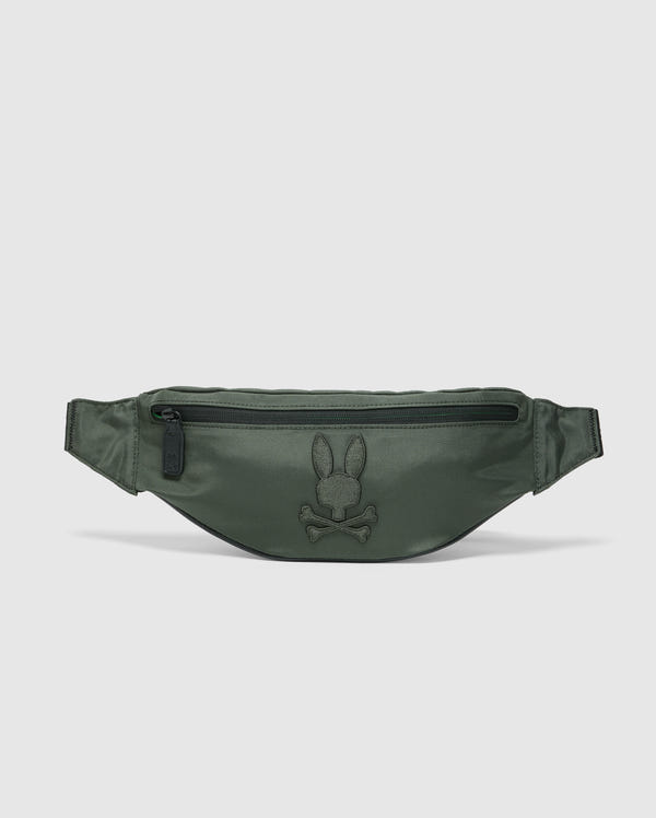 The Psycho Bunny Men's Cross Body Bag - B6A181E200 in green nylon offers a zipper compartment and an embossed bunny above crossbones. Designed for casual use, it features an adjustable strap and minimalist appeal.