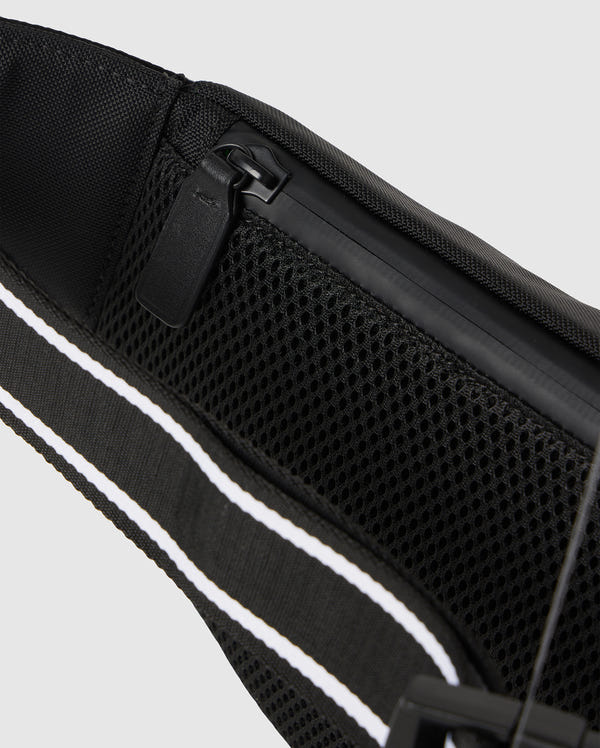 Close-up view of a black canvas HIP BAG from Psycho Bunny with a zipper, featuring a detailed mesh design and white stripe accents.