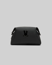 The Psycho Bunny MENS RUBBERIZED TOILETRY KIT (B6A636F200) is a black organizer bag with a glossy black bunny head and crossbones logo on the front, zip closure, and shown against a plain light gray background—perfect for travel essentials.