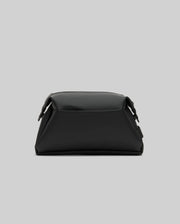The Psycho Bunny MENS RUBBERIZED TOILETRY KIT - B6A636F200 is a black, rectangular organizer bag with a minimal design, zip closure, and side buckle details—ideal for travel essentials. Shown against a plain light gray background.