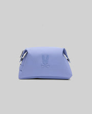 The Psycho Bunny MENS RUBBERIZED TOILETRY KIT - B6A636F200 is a pastel purple travel organizer with a Bunny embossed logo, crossbones, dual silver zippers, and a sleek geometric design—perfect for stylish travelers.