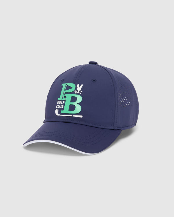 Sporty and practical, the MENS DENIS SPORT CAP - B6A642F200 by Psycho Bunny is a dark blue baseball cap featuring "PB GOLF CLUB" and a small bunny logo in white and green. Made from a lightweight cotton blend, it has a curved brim with a white edge and side perforations for ventilation.