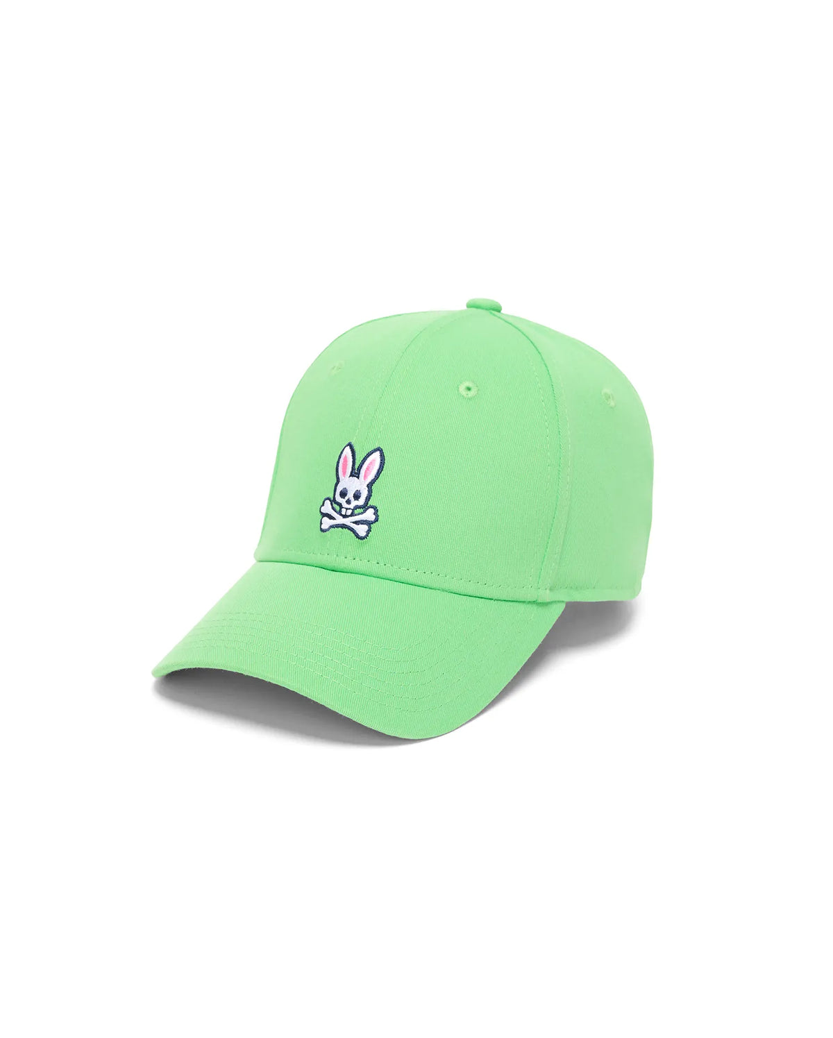 Bright lime green Mens Classic Baseball Cap crafted from durable cotton twill, showcasing a prominent embroidered Psycho Bunny skull logo in white, navy, and pink on the front. (2)