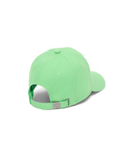 Mens Classic Baseball Cap in bright lime green, crafted from smooth twill fabric with an adjustable strap and a silver metal buckle featuring a small embossed Psycho Bunny skull logo at the back. (4)