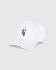 A MENS CLASSIC BASEBALL CAP - B6A816A1HT made from durable cotton twill, featuring a small embroidered logo on the front. The playful design showcases a pink and white bunny head above crossed bones to create a unique skull and crossbones motif. It comes with a curved brim and an adjustable backstrap. This cap is from Psycho Bunny.