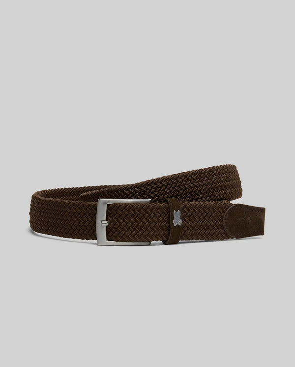 The Psycho Bunny MENS STRETCH BRAIDED BELT - B6A890F200 features a dark brown braided design with a silver rectangular buckle, shown on a light gray background—ideal for any occasion.