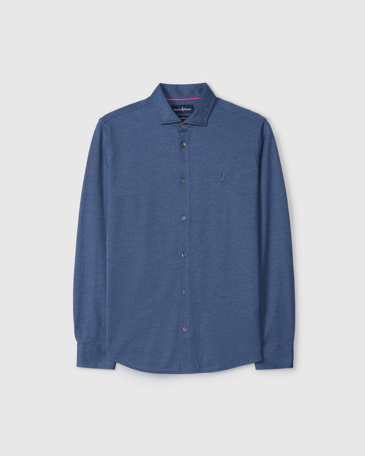 The Psycho Bunny MENS DALTON KNIT SHIRT - B6C747D200 is a blue long-sleeve button-up shirt made from luxurious Peruvian Pima cotton, featuring a subtle embroidered logo on the chest, presented against a plain white background.