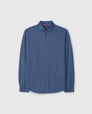 The Psycho Bunny MENS DALTON KNIT SHIRT - B6C747D200 is a blue long-sleeve button-up shirt made from luxurious Peruvian Pima cotton, featuring a subtle embroidered logo on the chest, presented against a plain white background.