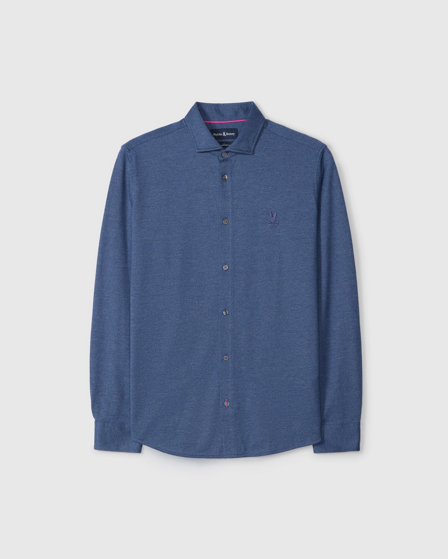 The Psycho Bunny MENS DALTON KNIT SHIRT - B6C747D200 is a blue long-sleeve button-up shirt made from luxurious Peruvian Pima cotton, featuring a subtle embroidered logo on the chest, presented against a plain white background.