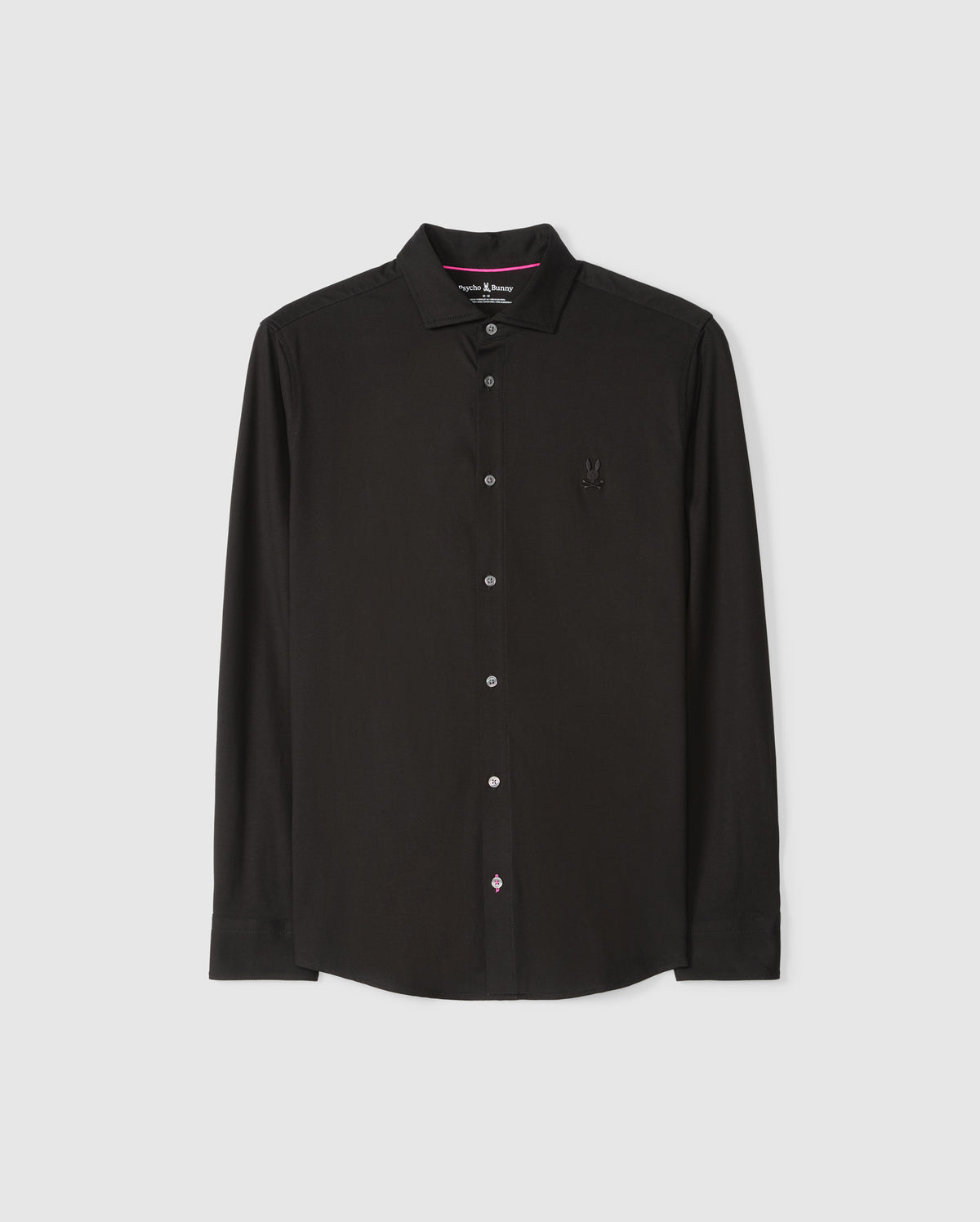 The Psycho Bunny Men's Arthur Jersey Shirt (B6C748D200) is a black long-sleeve button-up crafted from Pima cotton. It features a small embroidered logo on the chest and is displayed against a light gray background. With its classic collar and white buttons, this shirt offers both style and comfort for any occasion.