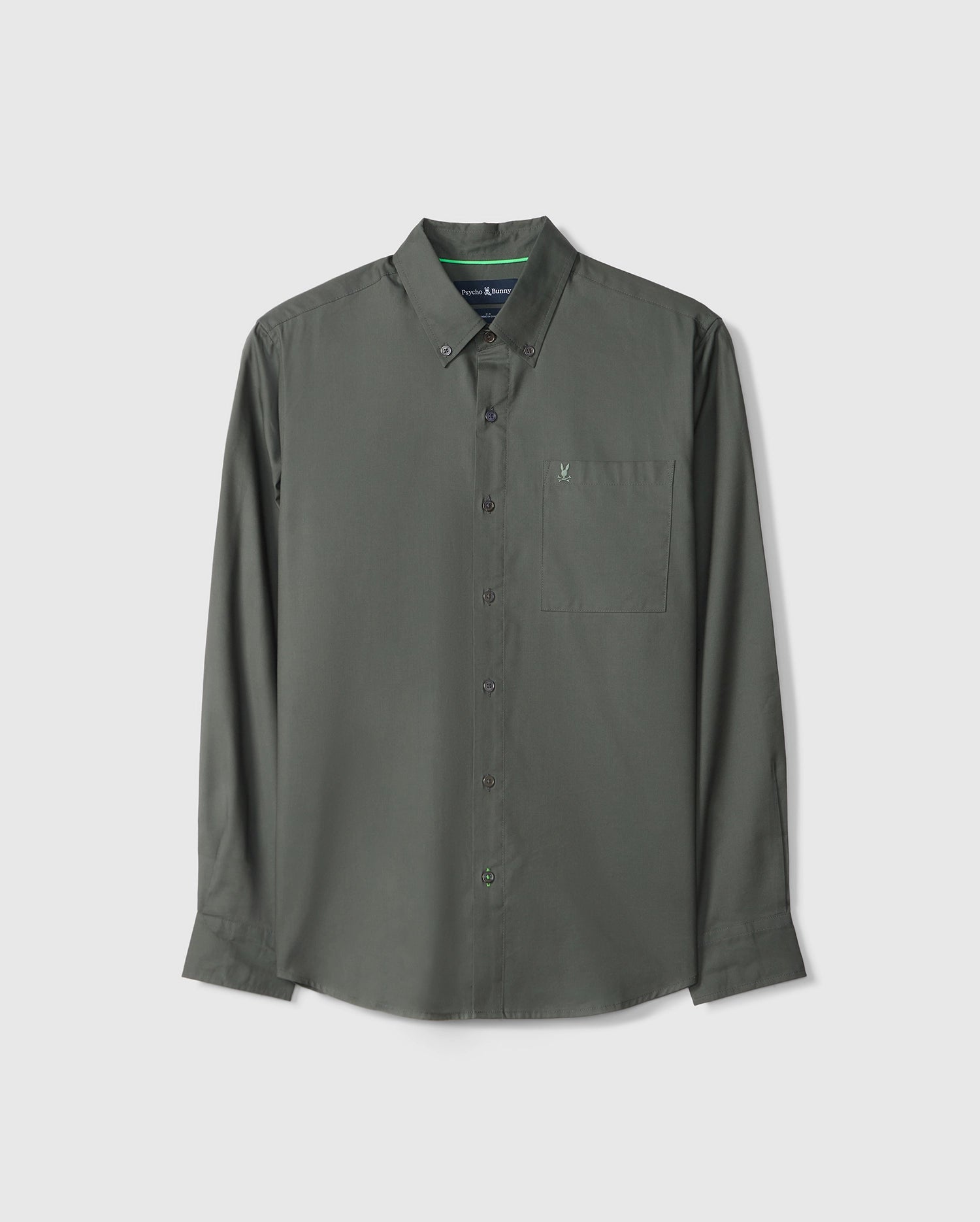 The Psycho Bunny MENS JARED COTTON MODAL SHIRT - B6C774D200 is an olive green men's shirt with long sleeves, a button-up design, crafted from premium cotton modal fabric. It features a collar and a chest pocket, displayed against a white background.