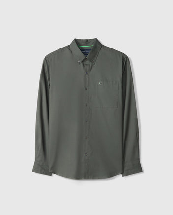 The Psycho Bunny MENS JARED COTTON MODAL SHIRT - B6C774D200 is an olive green men's shirt with long sleeves, a button-up design, crafted from premium cotton modal fabric. It features a collar and a chest pocket, displayed against a white background.