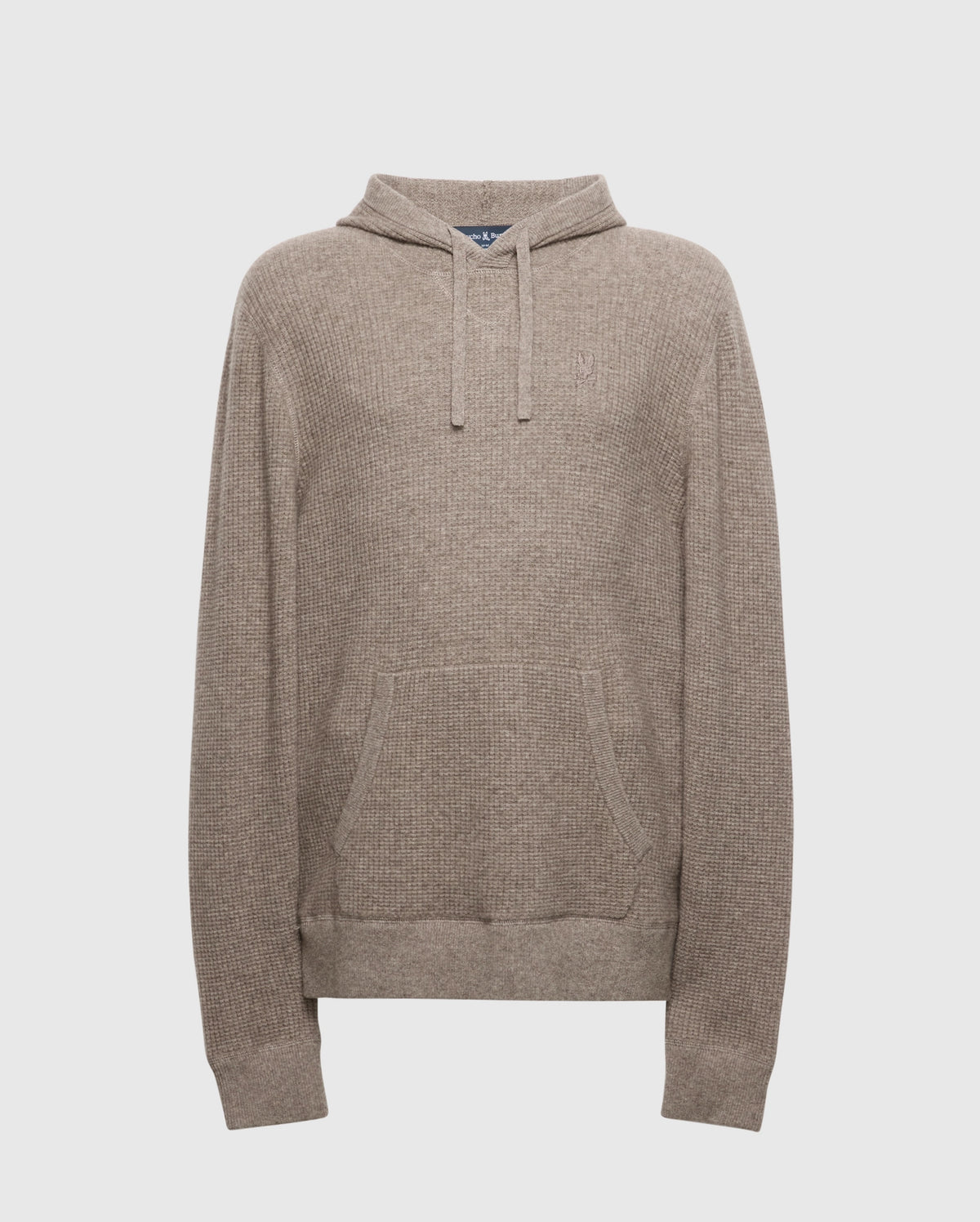 The MENS LEVAN WAFFLE HOODED SWEATER - B6E246E200 by Psycho Bunny is a beige knitted hoodie with a front pocket, drawstring hood, and textured weave using cozy wool-cashmere blend. An embroidered chest bunny adds charm, ideal for casual or cool weather.