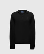 The Men's Johnny Collar Sweater - B6E258E200 by Psycho Bunny is crafted from a cotton-wool blend and showcases a long-sleeve black design set against a light gray background. This sophisticated sweater features a discreet embroidered logo on the left chest and includes a classic collar for added elegance.