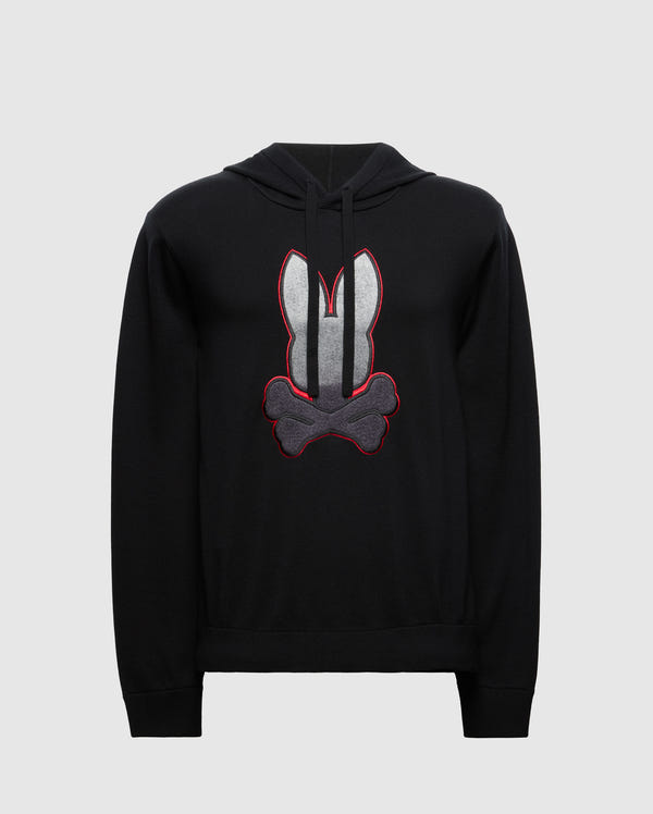 The MENS BULDER HOODED SWEATER - B6E261E200 by Psycho Bunny is a black men's hoodie made from soft Supima cotton, featuring a graphic design with a stylized bunny head above two crossed bones, outlined in red. It comes with long sleeves and a drawstring hood for extra comfort and style.