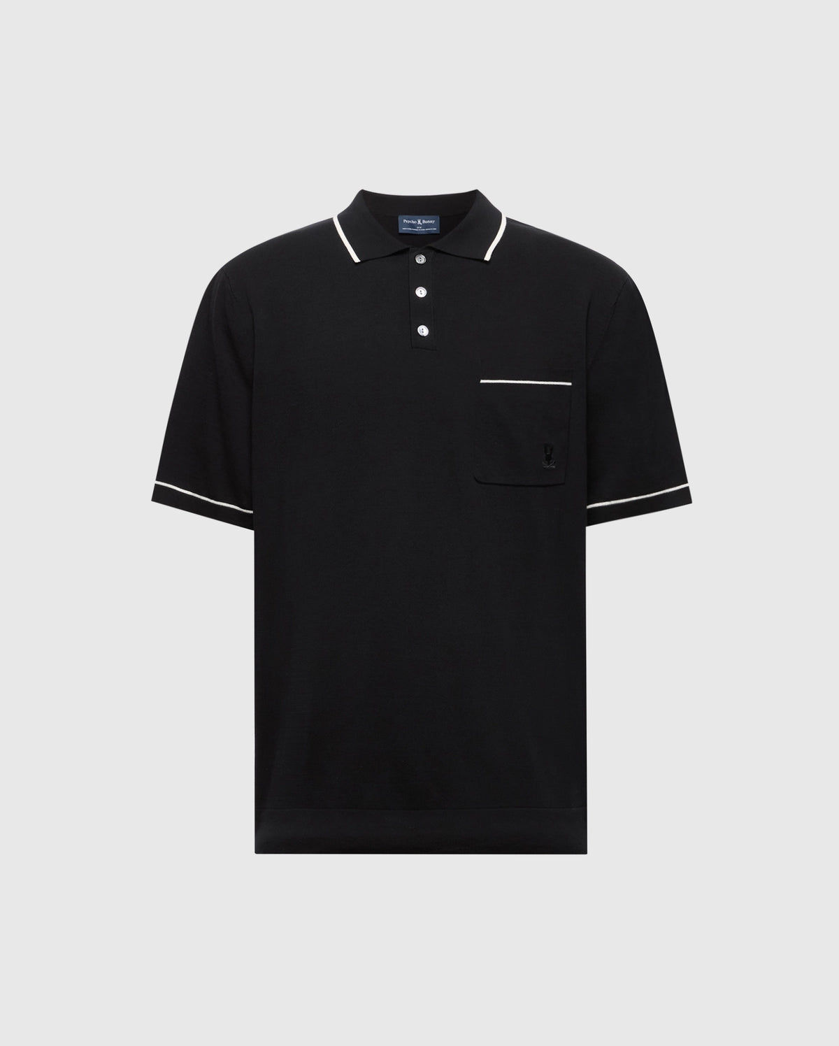 The Psycho Bunny MENS LONGFORD FINE KNIT POLO - B6E500F200 is a black short-sleeve cotton polo featuring white trim, a buttoned placket, and a chest pocket with an embroidered Bunny logo.