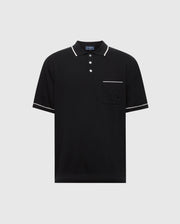 The Psycho Bunny MENS LONGFORD FINE KNIT POLO - B6E500F200 is a black short-sleeve cotton polo featuring white trim, a buttoned placket, and a chest pocket with an embroidered Bunny logo.