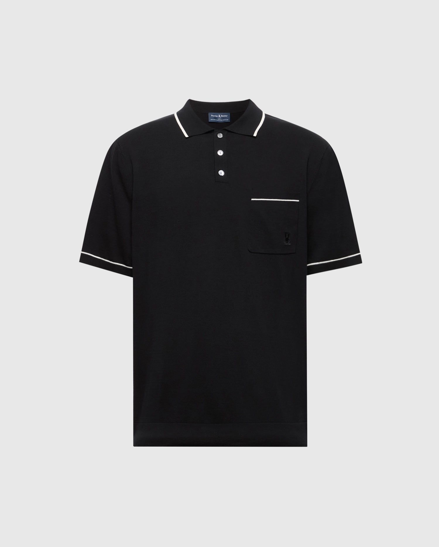 The Psycho Bunny MENS LONGFORD FINE KNIT POLO - B6E500F200 is a black short-sleeve cotton polo featuring white trim, a buttoned placket, and a chest pocket with an embroidered Bunny logo.